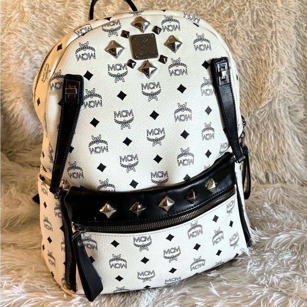 MCM Monogrammed Backpack in White and Black with Studs